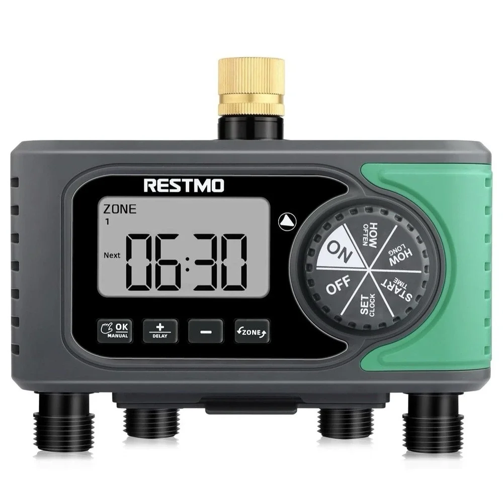 4-Outlet Sprinkler Timer Brass Inlet 4 Zone Programmable Water Timer